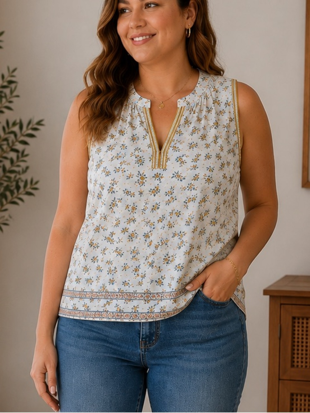 Lucky Brand Floral Sleeveless Boho Tank Top Women’s Large Cottagecore